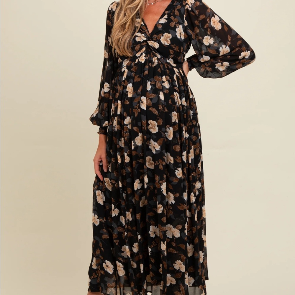 Pinkblush Black Floral Long Sleeve Maternity Maxi Dress